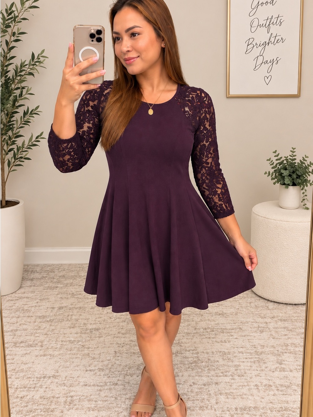Julian Taylor Plum Lace-Sleeve Fit & Flare Mini Dress